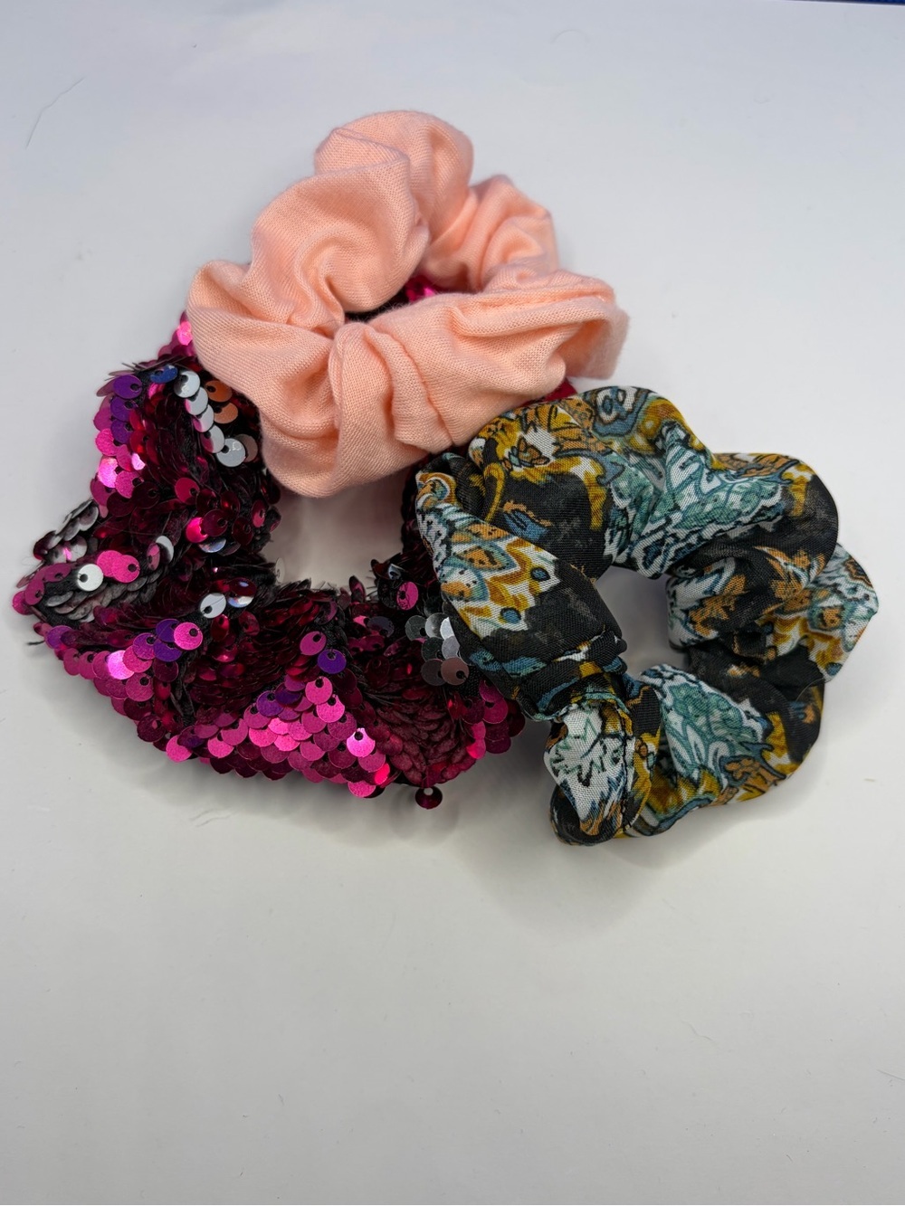 Set of 3 Women's Sequin, Peach and Patterned Fabric Hair Scrunchies